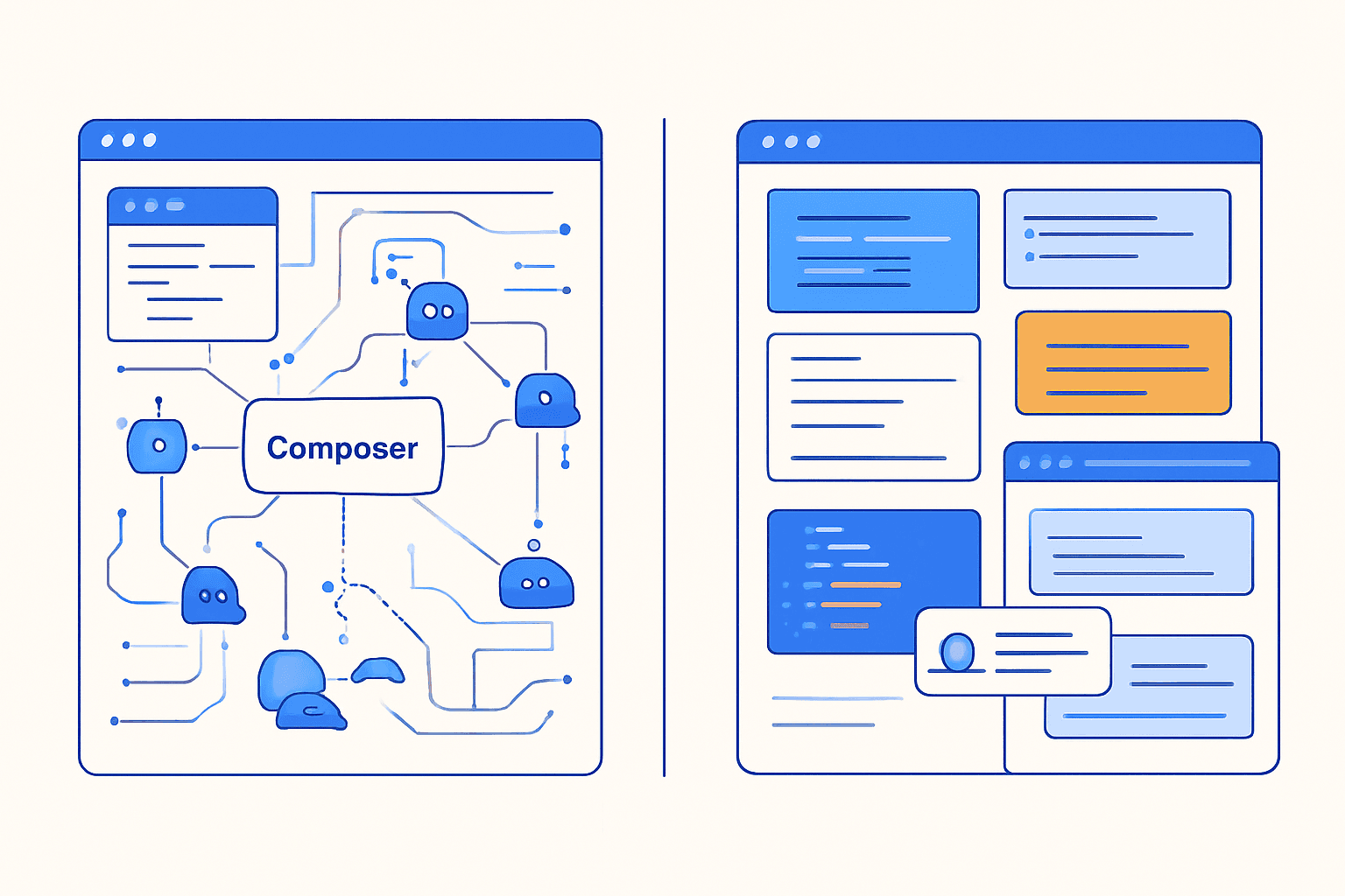 Cursor는 AI 중심 에디터, GitHub Copilot은 기존 환경을 확장하는 보조 기능이라는 차이를 한눈에 보여주는 히어로 이미지.